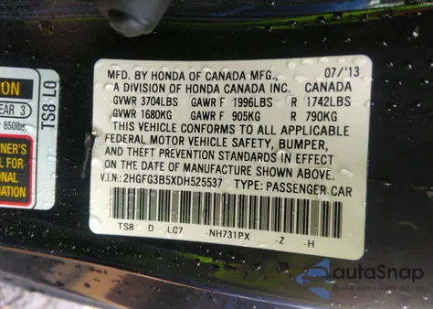 2013 Honda Civic Lx z USA, uszkodzony, nr VIN 2HGFG3B5XDH525537